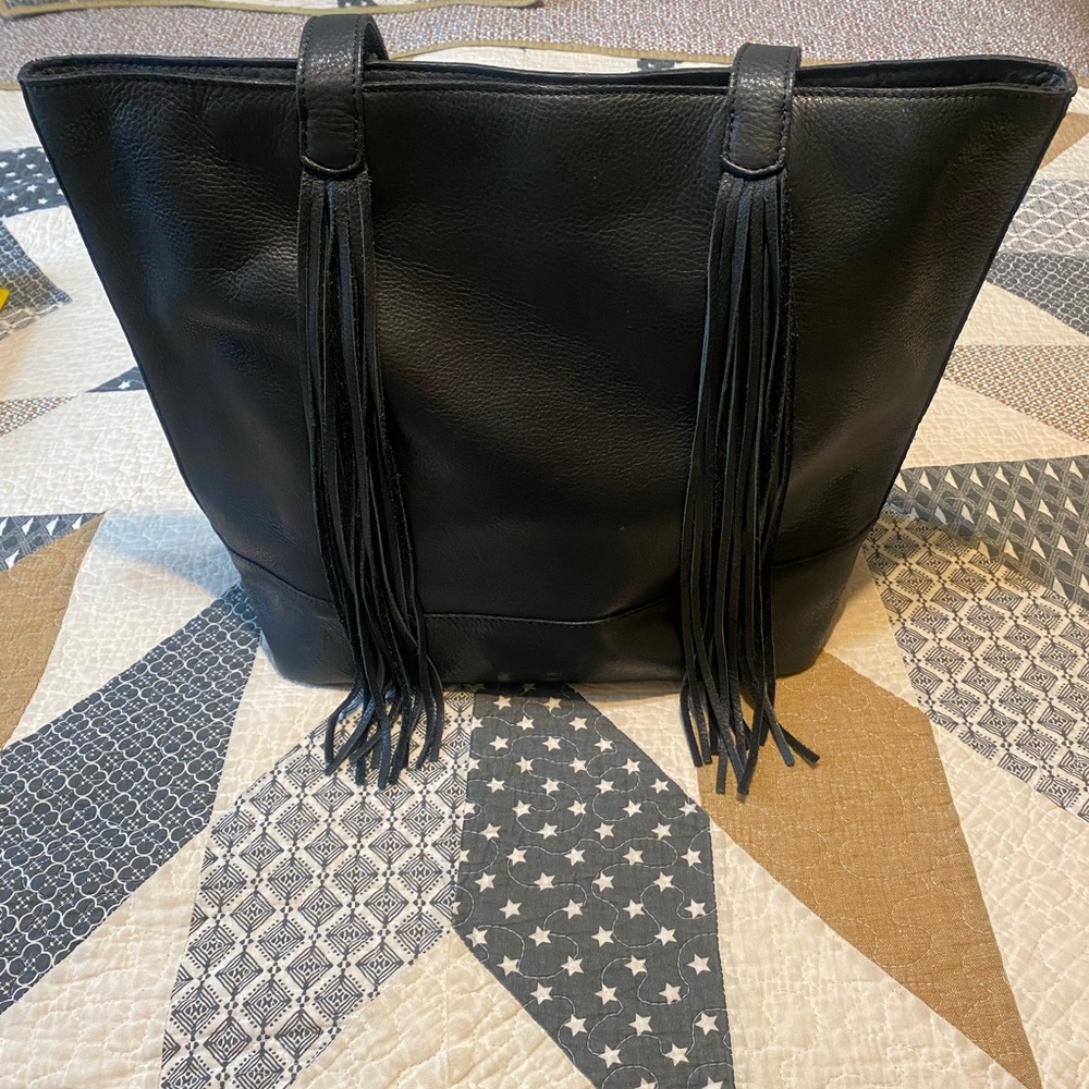 Lucky Brand Black Leather Tote with Fringe